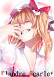  blonde_hair bow character_name face flandre_scarlet grin hand_on_own_face hat hat_bow highres long_hair looking_at_viewer looking_down red_eyes side_ponytail smile solo touhou upper_body uu_uu_zan 
