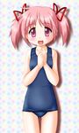  :d bare_shoulders kaname_madoka mahou_shoujo_madoka_magica neopure one-piece_swimsuit open_mouth pink_eyes pink_hair school_swimsuit short_hair short_twintails smile solo swimsuit twintails 
