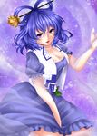  bad_id bad_pixiv_id between_legs blue_eyes blue_hair breasts cleavage dress flower hair_ornament hair_rings hair_stick hand_between_legs kaku_seiga kneeling lipstick makeup medium_breasts naxia open_mouth shawl solo touhou vest 