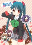  bow chibi chuunibyou_demo_koi_ga_shitai! extra green_hair haruno_(macoro) highres kawagoe_rei little_busters! long_hair multiple_girls nakamura_yukari parody pink_bow red_eyes sasasegawa_sasami school_uniform thighhighs translated v_over_eye watanabe_sakiko 