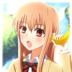  :o ayase_chihaya banana banana_in_ear blush bow bowtie brown_eyes chihayafuru dora_the_explorer food fruit holding holding_food holding_fruit light_brown_hair long_hair looking_at_viewer open_mouth parody school_uniform solo waruiga 