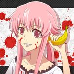  banana banana_in_ear blood blood_on_face blood_splatter bloody_clothes collarbone crazy dora_the_explorer evil_smile face food frills fruit gasai_yuno grin holding holding_food holding_fruit long_hair looking_at_viewer low_twintails lowres mirai_nikki parody pink_hair red_eyes smile solo teeth twintails waruiga yandere 