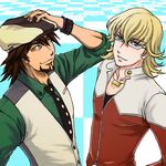  barnaby_brooks_jr beads blonde_hair brown_hair cabbie_hat checkered checkered_background facial_hair glasses goatee hand_on_own_head hat jewelry kaburagi_t_kotetsu multiple_boys necktie ring smile tiger_&amp;_bunny vest wristband yuki_tomo 