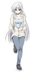  breasts denim elf_(stroll_in_the_woods) hands_in_pockets highres hood hoodie jeans long_hair lyrical_nanoha mahou_shoujo_lyrical_nanoha mahou_shoujo_lyrical_nanoha_a's medium_breasts pants red_eyes reinforce silver_hair single_hair_intake solo very_long_hair 