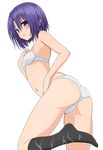  ass blush bra breasts colorized from_behind highres kneehighs looking_back navel nipples panties purple_eyes purple_hair sairenji_haruna see-through short_hair small_breasts solo to_love-ru transparent_background underwear underwear_only vector_trace wet wet_clothes yabuki_kentarou 