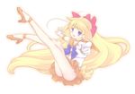  aino_minako back_bow bare_legs bishoujo_senshi_sailor_moon blonde_hair blue_eyes bow choker full_body hair_bow legs long_hair orange_choker orange_sailor_collar orange_skirt outstretched_arms pleated_skirt pointing red_bow sailor_collar sailor_senshi_uniform sailor_venus skirt solo strappy_heels very_long_hair yukimurariko 