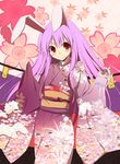  animal_ears blush bunny_ears floral_print holding japanese_clothes kimono kurikara long_hair looking_at_viewer purple_hair red_eyes reisen_udongein_inaba smile solo touhou 
