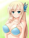  aqua_eyes bikini blonde_hair blue_bikini blush boku_wa_tomodachi_ga_sukunai breasts butterfly_hair_ornament hair_ornament kashiwazaki_sena large_breasts long_hair nak_yama smile solo swimsuit 