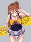  ;) breasts brown_eyes brown_hair cheerleader chuunibyou_demo_koi_ga_shitai! closed_mouth covered_nipples grey_background hair_ornament hairclip hanging_breasts highres holding irohasu large_breasts long_hair looking_at_viewer nibutani_shinka no_bra one_eye_closed one_side_up pom_poms side_ponytail skirt smile solo v_over_eye 