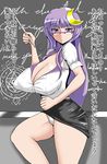  bad_anatomy bespectacled breasts chalkboard cleavage covered_nipples crescent crescent_hair_ornament curvy glasses hair_ornament highres huge_breasts long_hair miniskirt panties pantyshot patchouli_knowledge pencil_skirt pubic_hair purple_eyes purple_hair shirt skirt solo standing stick teacher thighs torii5011 touhou translated underwear upskirt white_panties 