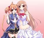  animal_ears asuna_(sao) asymmetrical_docking breast_press breasts brown_eyes brown_hair cat_ears dress hinapo large_breasts miniskirt multiple_girls navel pleated_skirt pointy_ears red_eyes short_hair short_twintails silica silica_(sao-alo) skirt sword_art_online tail thighhighs titania_(sao) twintails zettai_ryouiki 