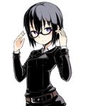  arm_belt arms_up belt bespectacled black_hair black_jacket blush breasts brown_belt closed_mouth collared_shirt glasses hair_between_eyes hands_up highres jacket kino kino_no_tabi long_sleeves looking_at_viewer motorii purple_eyes semi-rimless_eyewear shirt short_hair simple_background small_breasts solo sweatdrop upper_body white_background wristband 