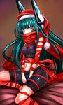  bike_shorts green_hair hat headgear highres long_hair menou_kaname midriff navel original purple_eyes red_ribbon ribbon santa_hat scarf sitting solo sports_bra taishi_(picchiridou) 