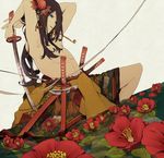  androgynous blue_eyes dutch_angle earrings flower hair_flower hair_ornament japanese_clothes jewelry katana long_hair male_focus motune mouth_hold original seigaiha solo sword unmoving_pattern weapon 