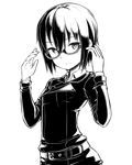  arm_belt arms_up belt bespectacled blush breasts closed_mouth collared_shirt glasses greyscale hair_between_eyes hands_up jacket kino kino_no_tabi long_sleeves looking_at_viewer monochrome motorii semi-rimless_eyewear shirt short_hair simple_background small_breasts solo upper_body white_background wristband 
