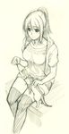  casual cat cat_teaser hood hoodie korisei light_smile monochrome open_clothes open_hoodie original ponytail shorts sitting sketch thighhighs 