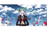  bad_id bad_pixiv_id cloud cross hatsune_miku iku2727 long_hair necktie petals saihate_(vocaloid) solo star_(sky) vocaloid 