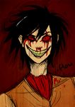  1boy artist_request bad_source black_hair bleeding blood bloody_tears copyright_name crazy_eyes crazy_smile evil_grin evil_smile facial_tattoo grin looking_at_viewer male_focus nosebleed red_sclera smile smile_(.flow) solo tattoo uneven_eyes upper_body 