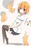  blush cat clothes_writing flat_chest fujiwara_gacho fuu-chan_(fujiwara_gacho) looking_at_viewer o_o orange_hair original purple_eyes short_hair skirt solo 