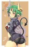  ahoge androgynous ark_mateus armor ass ass_focus bike_shorts brown_background demon_tail forehead_jewel frown gloves green_hair highres horns looking_back male_focus otoko_no_ko pointy_ears shinrabanshou shorts simple_background slit_pupils solo sweatdrop tail thick_thighs thighs wadani_hitonori white_gloves yellow_eyes 