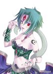  :d basilisk_(falkyrie_no_monshou) blush breasts falkyrie_no_monshou fang gem green_hair looking_at_viewer medium_breasts nail_polish navel open_mouth red_eyes short_hair simple_background smile snake solo soukuu_kizuna watermark white_background 