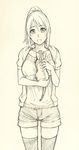  :d casual cat hood hoodie korisei monochrome open_clothes open_hoodie open_mouth original ponytail shorts simple_background sketch smile thighhighs 