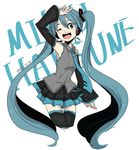  2012 arm_up bad_id bad_pixiv_id character_name dated detached_sleeves donsuke_(radon) hatsune_miku headset long_hair necktie one_eye_closed open_mouth simple_background skirt solo thighhighs twintails very_long_hair vocaloid white_background 
