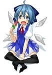  bad_id bad_pixiv_id black_legwear blue_eyes blue_hair blush bow cirno dress fang food hair_bow hati105 ice ice_wings open_mouth popsicle short_hair short_sleeves sitting solo thighhighs touhou watermelon_bar wings 