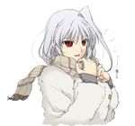  coat elf_(stroll_in_the_woods) highres long_hair lyrical_nanoha mahou_shoujo_lyrical_nanoha mahou_shoujo_lyrical_nanoha_a's red_eyes reinforce scarf silver_hair single_hair_intake smile solo translated 