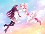  akemi_homura arya_(tianhua) black_hair blush bow bubble_skirt choker eye_contact feathers gloves hair_bow hairband hand_on_shoulder high_heels holding_hands interlocked_fingers jumping kaname_madoka kneehighs leg_up long_hair looking_at_another magical_girl mahou_shoujo_madoka_magica multiple_girls pantyhose pink_eyes pink_hair profile purple_eyes resized revision short_hair short_twintails skirt sky smile twintails white_gloves white_legwear yuri 