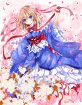  alice_margatroid ankle_ribbon bad_id bad_pixiv_id barefoot blonde_hair blue_eyes blush dress hairband japanese_clothes long_hair nanase_nao petals ribbon smile solo touhou wide_sleeves wind 