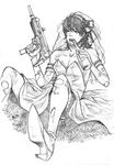  bare_shoulders bottle bridal_veil crossdressing darker_than_black drawfag dress facial_hair frilled_dress frills gloves greyscale gun hei imi_uzi long_hair male_focus monochrome mouth_pull solo stubble submachine_gun thighhighs torn_clothes torn_gloves torn_legwear trigger_discipline veil weapon wedding_dress 