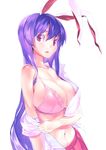  animal_ears bra breasts bunny_ears huge_breasts long_hair looking_at_viewer navel open_clothes open_shirt pink_background pink_eyes purple_eyes purple_hair reisen_udongein_inaba shirt skirt solo touhou underwear undressing white_background white_shirt yaten 