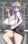  bespectacled breasts chalkboard cleavage covered_nipples crescent crescent_hair_ornament curvy glasses hair_ornament highres huge_breasts long_hair miniskirt no_panties patchouli_knowledge pencil_skirt pubic_hair purple_eyes purple_hair pussy shirt skirt solo standing stick teacher thighs torii5011 touhou translated upskirt 