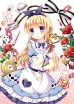  aino_osaru alice_(wonderland) alice_in_wonderland blonde_hair blue_eyes bunny card cookie cup dress flower food hat headband key long_hair plate playing_card pocket_watch ribbon rose solo spoon sugar_cube teacup top_hat watch 