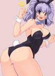 animal_ears aqua_centolm ass bare_legs blue_eyes bow bowtie breasts bunny_ears bunny_tail bunnysuit detached_collar kihaiu large_breasts looking_back purple_hair short_hair solo super_robot_wars super_robot_wars_mx tail wrist_cuffs 