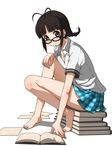  akizuki_ritsuko barefoot blush book braid brown_eyes brown_hair chika_(orange_pop) full_body glasses highres idolmaster idolmaster_(classic) looking_at_viewer rough_time_school short_hair simple_background sitting solo twin_braids twintails white_background 