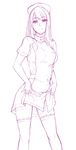  dress dress_lift hat korisei monochrome nurse nurse_cap original simple_background sketch solo thighhighs white_background 