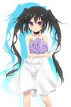  amano_kouki angel bangs bare_arms black_hair blush dress flower highres long_hair looking_at_viewer note-chan original purple_eyes simple_background sleeveless sleeveless_dress smile solo twintails very_long_hair white_background white_dress 