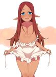  :d apron bare_shoulders blue_eyes blush breasts brown_hair cleavage collarbone dark_skin hanging_breasts holding large_breasts long_hair long_pointy_ears looking_at_viewer maid-chan_(maze) maze_(gochama_ze_gohan) naked_apron open_mouth original outline pointy_ears smile solo 