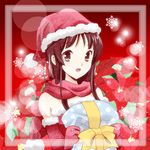  akiyama_mio brown_eyes brown_hair dress elbow_gloves gift gloves hat k-on! long_hair santa_hat scarf sinko solo 