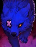  blue_fur canine eye_patch eyewear falvie fangs feral fur male mammal orange_eyes slit_pupils solo wolf 