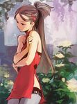  bare_shoulders black_eyes brown_hair dress flower grey_legwear iwamoto_zerogo long_hair original ponytail sketch solo thighhighs 