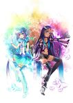  aoki_lapis boots bug butterfly insect jiji_(381134808) long_hair merli_(vocaloid) multiple_girls music rainbow_background siblings singing sisters thigh_boots thighhighs tourmaline very_long_hair vocaloid 