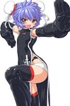  :d altines black_legwear blue_hair blush busou_shinki china_dress chinese_clothes dd_(ijigendd) doll_joints double_bun dress open_mouth outstretched_arm panties pose red_eyes short_hair simple_background smile solo thighhighs underwear white_background white_panties 