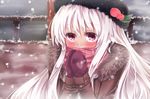  awai_shiro bad_id bad_pixiv_id blush food fruit gloves hands_together hat heart hinanawi_tenshi long_hair m.u.g.e.n own_hands_together peach red_eyes scarf snowing solo touhou white_hair 