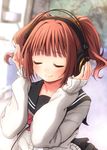  akg bad_id bad_pixiv_id blush brown_hair chika_(orange_pop) hands_on_headphones headphones idolmaster idolmaster_(classic) long_sleeves school_uniform serafuku short_hair smile solo takatsuki_yayoi twintails 