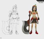  axe bandanna bike_shorts breasts brown_hair cleavage feather feathers final_fantasy final_fantasy_ix gloves hat lani midriff red_eyes shoes sketch tubetop weapon 