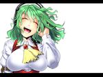  ascot bad_id bad_pixiv_id breasts brooch closed_eyes green_hair head_tilt headphones highres impossible_clothes jewelry kamina_koharu kazami_yuuka large_breasts letterboxed listening_to_music open_mouth short_hair simple_background smile solo teeth touhou upper_body vest white_legwear 
