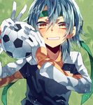  alternate_costume ball blue_hair blush face gloves goalkeeper grin headband inazuma_eleven_(series) inazuma_eleven_go kariya_masaki male_focus nun_bou orange_eyes raimon smile soccer_ball soccer_uniform solo sportswear telstar upper_body v 